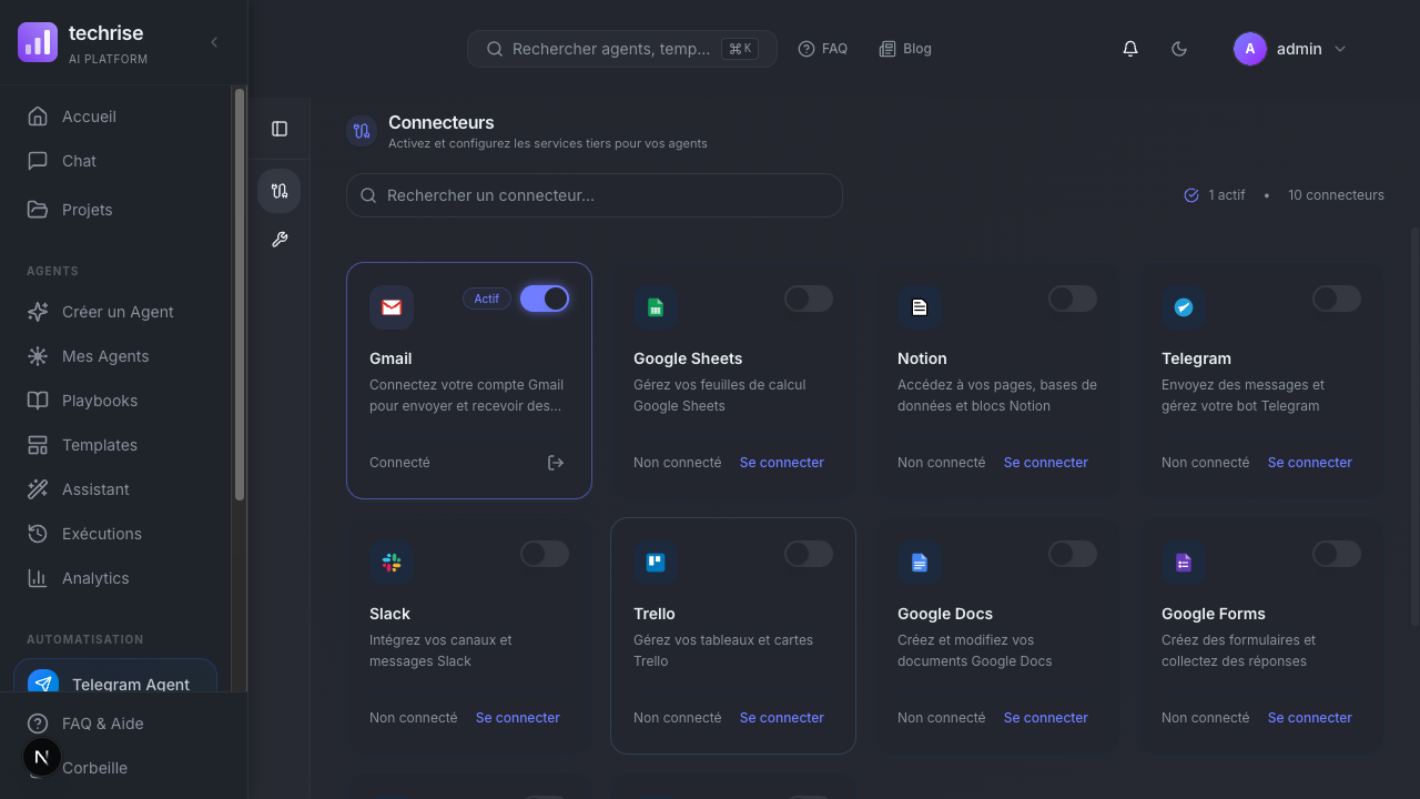 Page Connecteurs Techrise — vue complète avec statut