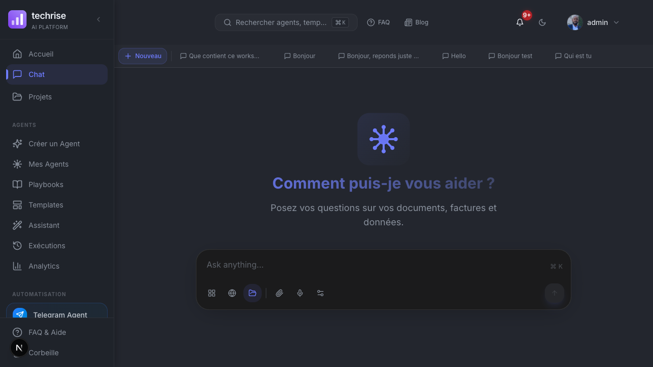 Interface Chat Techrise avec sélection de workspace