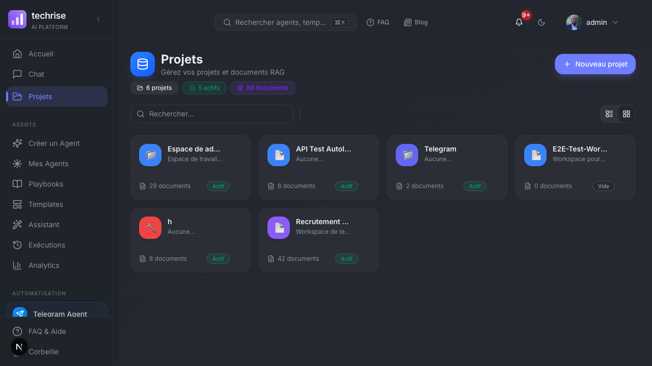 Page Projets Techrise — liste des workspaces